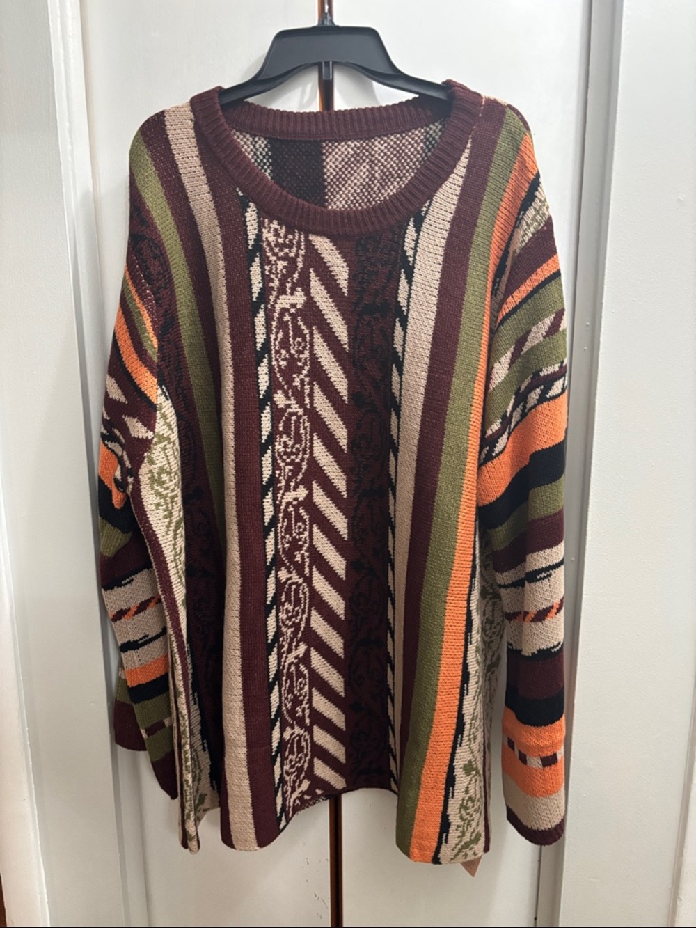 BloomChic Striped Knit Crewneck Sweater - Burgundy, Olive & Orange
